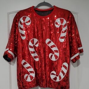 Red Sequin Candy Cane Women's Top